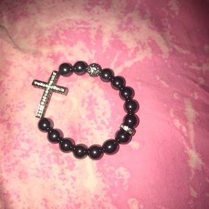 Charcoal cross bracelet with rhinestone